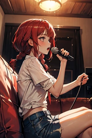 1girl, dynamic angle, looking at another, microphone, indoor, from the side, (karaoke: 1.5), karaoke room, sofa, sitting, masterpiece, highest, best, amazing, great, detail, stylish, illustration, Dage clothing, short red hair, Bob head, side braids