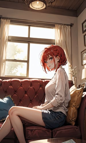 1girl, dynamic angle, looking at another, indoor, from the side, sofa, sitting, masterpiece, tallest, best, amazing, great, detail, short red hair, bob head, side braid