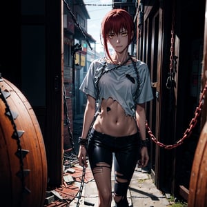 makima \(chainsaw man\),(her clothes are messy and have a lot of torn marks: 1.6),Wine-red hair, sharp eyes,(limbs spread out and fixed by chains:1.3),staring at the camera angrily,torn clothes,full body, body facing camera,