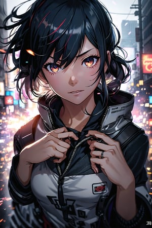 guiltys, angry, a girl, white eyes,disheveled,messy clothes,upper body, (bokeh:1.1), depth of field, by Akihiko Yoshida, tracers, vfx, splashes, lightning, light particles, city background, masterpiece, best quality, (detailed background), (beautiful detailed face, beautiful detailed eyes), absurdres, highres, ultra detailed, masterpiece, best quality, detailed eyes,