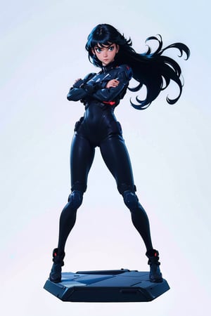 (full body,solo:1.2),(masterpiece,best quality:1.5), (1woman:1.2), full black bodysuit, total black suit, combat suit, infiltration suit, long hair, black hair, standing, facing viewer,(simple background, white background), pose, a fighting woman, part of a special infantry unit dressed all in black, no background