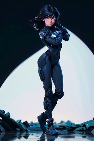 (solo:1.2),(masterpiece,best quality:1.5), (1woman:1.2), beautifull woman, full black bodysuit, total black suit, combat suit, infiltration suit, long hair, hair down, black hair, standing, facing viewer, (simple background, white background), pose, a fighting woman, part of a special infantry unit dressed all in black, no background, close-up, perfecteyes  purple eyes, close up, macro, black background, reflection, rtx, smooth shadows, soft light, depth of field, realistic, detailed, photography, thematic background, ambient enviroment,perfecteyes