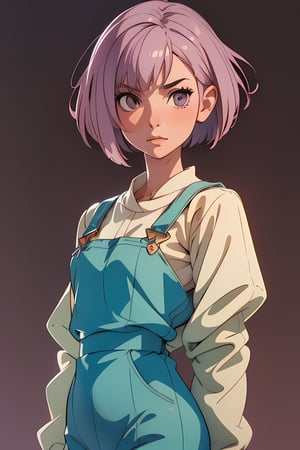 1 woman, 18 years, short hair, (((square haircut))), ((light mauve hair)), moon child, anime inspired style, overalls with a one-piece suit
, ichigo with mauve hair color, masterpiece, best quality, highres
