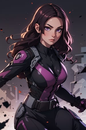 one woman, 16 years, beautifull woman, (long black hair), long hair, purple eyes, black suit, litle tone of purple on suit, blackwidow suit, in fight, full body, (reference sheet:1), (best quality, highest quality), (ultra detailed), (8k, 4k, intricate), (HDR:1), (perfect_anatomy:1.2), arcane style ,blackwidow, perfecteyes, white background
