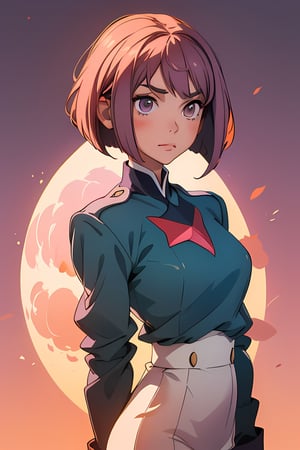 1 woman, 18 years, short hair, (((square haircut))), ((light mauve hair)), moon child, anime inspired style, ichigo with mauve hair color, masterpiece, best quality, highres,  military uniform, big moon background, light effect