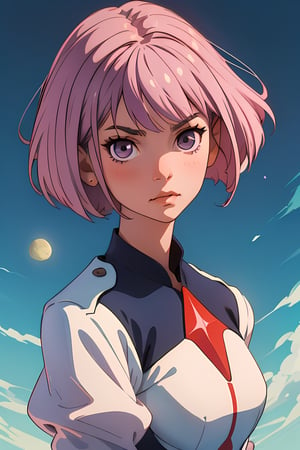 1 woman, 18 years, short hair, (((square haircut))), ((light mauve hair)), moon child, anime inspired style, ichigo with mauve hair color, masterpiece, best quality, highres,  military uniform, a one-piece suit