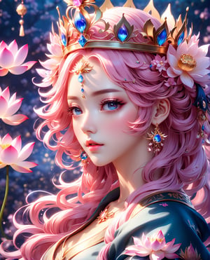 a woman with pink hair and a crown on her head, beautiful fantasy art portrait, lotus floral crown girl, beautiful fantasy portrait, by Lü Ji, anime fantasy artwork, beautiful anime portrait, by Ross Tran, korean art nouveau anime, gorgeous digital art, stunning anime face portrait, cgsociety 9, goddess art, very beautiful fantasy art, fairy cgsociety