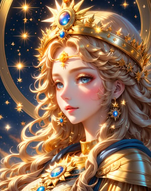 a woman with a crown on her head and stars in the background, as the goddess of the sun, golden halo behind her head, golden aura, npc with a saint\'s halo, detailed digital anime art, beautiful gold saint, npc with a saint's halo, stunning anime face portrait, beautiful fantasy art portrait, beautiful anime art style, popular on art station