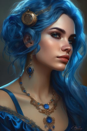 a painting of a woman with blue hair, a detailed painting by Charlie Bowater, cgsociety, fantasy art, steampunk, detailed painting, rococo