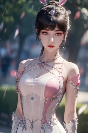 girl,  woman of the Renaissance, very bright light,  pouting, jwy1, ((see-through)),  {beautiful and detailed eyes},  ((hands behind back)), sumptuous jewel,  tiara,  wet,  rainy forest,  18 yo, CHIBI, 1 girl, wonyounglorashy,