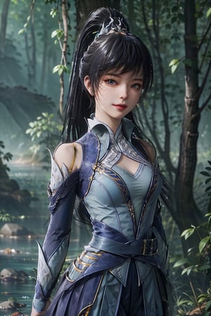 masterpiece,best quality,official art,extremely detailed CG unity 8k wallpaper,1girl,seductive smile, light rays,bound torso, hanging,pleated skirt, belt buckle, high ponytail, upper body, water, river, mountain, tree, flower, 
