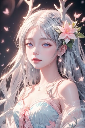 1girl,She has snow-white skin,long silver white hair,and deep purple eyes.Her head was adorned with pink flowers and a pair of blue deer antlers. The,background is a light pink tone,