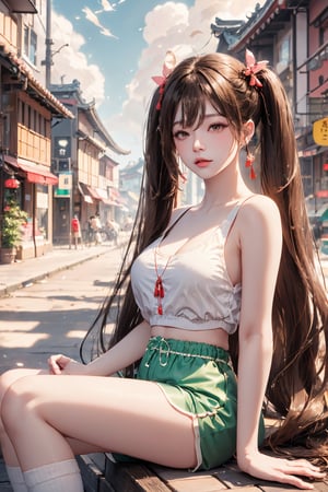 hutao_genshin, very long hair, long hair, twintails, brown hair, red eyes, ((cowboy shot)), hair between eyes, sidelocks, symbol-shaped pupils, solo, short shorts, shorts, white tank-top, bare shoulders, :P , socks, kneehighs, white socks, double v, 1girl, blush, looking at viewer, chinese town, town, sky, clouds, night, houses, city, (thighs), (()), ((street)), (white socks), (chinese city background, reliastic background, chinese background), big breasts, sitting