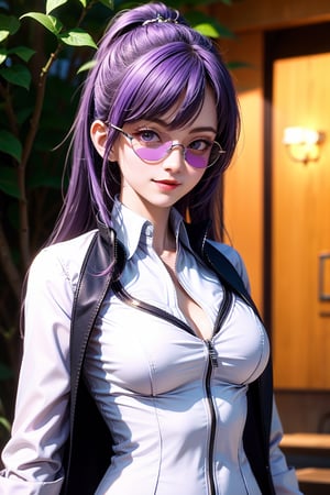  1girl, solo, looking at viewer, light smile, large breasts, purple eyes, sunglasses, upper body, eyewear on head, white shirt, black jacket, kafka,