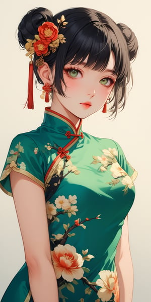 1girl, solo, looking at viewer, blush, bangs, black hair, hair ornament, dress, jewelry, closed mouth, upper body, short sleeves, earrings, hair bun, mole under eye, double bun, chinese clothes, floral print, tassel, china dress, green dress, candle, print dress