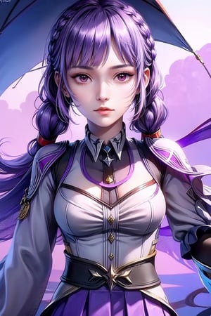 skirt, braid, purple hair, purple eye, shiny hair,  Good Life Will, closeup portrait of a pretty woman walking,Nagara(azur lane),(origin),school_uniform,1girll,Solo,Outdoors, view the viewer,, ,Masterpiece, Best quality, Ultra-detailed, illustration,all Body,1 girl,yuzu