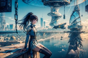 1girl, long hair, dress,hair ornament, looking at viewer, mature female, cityscape, night, thighhighs, clothing cutout, bangs, high collar,white skirt,ponytail, cowboy shot, long sleeves, belt,blue eyes,abstract colors, texture, film grain, skin pores, dusty atmospheric haze, vignetting, intricate hasselblad dslr RAW full-body dramatic portrait photo of a beautiful girl with long  hair wearing a sundress, sitting on a ledge overlooking a (scifi solarpunk)1.2 city skyline, dangling legs, foggy morning, (backlit)1.2, (film grain)1.2, coastal atolls