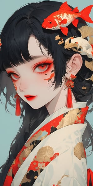 1girl, solo, long hair, looking at viewer, bangs, black hair, hair ornament, red eyes, jewelry, closed mouth, upper body, braid, earrings, from side, makeup, facial mark, portrait, fish, red lips, tassel earrings, goldfish, koi