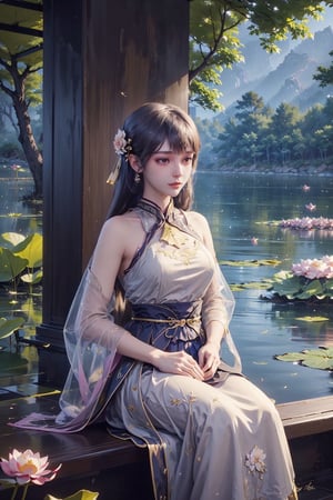 8k,hud,real,high quality,((portrait of a girl in Hanfu, luxurious dress, seated on the shore of lotus lake, (holding a delicate lotus flower, captivated by its beauty)), tranquil setting, peaceful atmosphere, serene ambiance, vivid details, sensory experience, immersion into the scene),dramatic lighting,soft sunlight filtering through the trees,((((calm expression, awe-inspiring moment, immense appreciation for nature)))),famous artwork,Asian painting,Li Xuezhong,Qingming Festival scroll,Han Dynasty,ancient Chinese culture,elegant fashion,classic style   