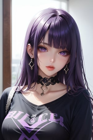 1girl, solo, long hair, looking at viewer, bangs, shirt, long sleeves, jewelry, purple eyes, upper body, purple hair, earrings, choker, mole, lips, eyelashes, mole under eye, black choker