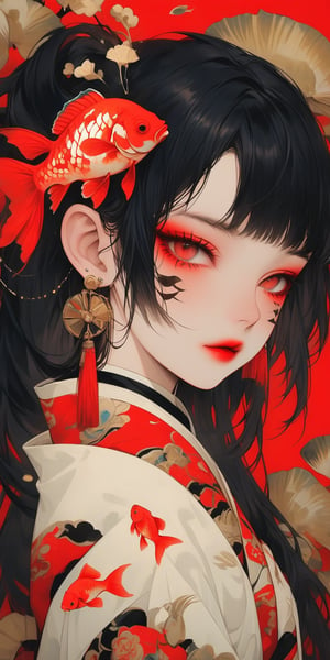 1girl, solo, long hair, looking at viewer, bangs, black hair, hair ornament, red eyes, jewelry, closed mouth, upper body, braid, earrings, from side, makeup, facial mark, portrait, fish, red lips, tassel earrings, goldfish, koi