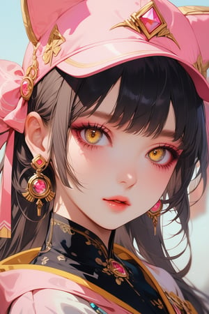 1girl, solo, looking at viewer, yellow eyes, parted lips, blurry, pink headwear, what