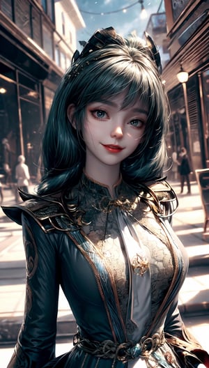 (Masterpiece: 1.6, Best Quality), (Fine and Beautiful Eyes: 1.2), (Overhead), High Quality, Beautiful Face, 1girl, Leather Tight Skirt, Oversized Leather Jacket, Open Shoulders, Big Tits, Long Hair, Wide Hips, (Landscaped, ), Street, Background, Detail Background, Spooky Smile, Angled Laughter at the Corners of Mouth, Long Coat, Shirt, Tie, Office Lady, ,Perfect World,Xaio Xaio 