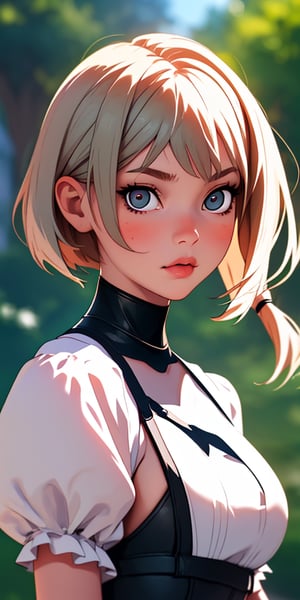 (best quality, masterpiece), 1girl, looking at viewer, blurry background, upper body, contemporary, dress,perfecteyes,milfication,yorha no. 2 type b