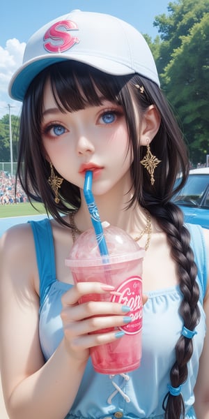 A young woman with long black hair and blue eyes looks directly at the viewer while wearing a baseball cap and a braided hairstyle adorned with a hair ornament. She holds a disposable cup with a drinking straw and takes a sip, her lips painted a bright pink to match her nail polish. A delicate ring sparkles on her hand, complementing her earrings as she poses outdoors during the day.