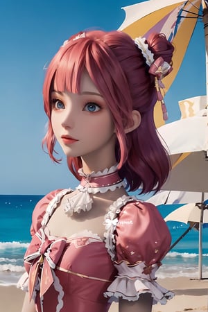 a close up of a person in a dress on a beach, cute anime waifu in a nice dress,flying sweatdrops,x hair ornament,alphes (style)