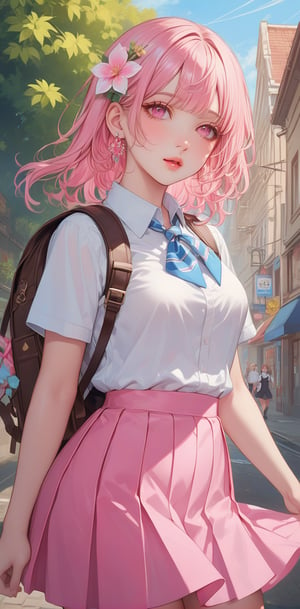 1girl, solo, long hair, bangs, skirt, shirt, hair ornament, jewelry, school uniform, white shirt, pink hair, flower, white hair, short sleeves, multicolored hair, cowboy shot, pleated skirt, earrings, outdoors, parted lips, day, collared shirt, hair flower, pink eyes, bag, blurry, lips, neckerchief, backpack, looking up, pink skirt