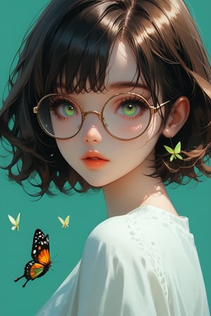 1girl, solo, looking at viewer, short hair, bangs, simple background, brown hair, black hair, green eyes, parted lips, glasses, lips, eyelashes, bug, butterfly, portrait, green background, round eyewear