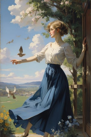 (Masterpiece:1.2), (best quality:1.2), (super high resolution:1.2), A girl, wearing a long skirt and short blond hair, dances among the bushes and flowers, with birds flying, blue sky and white clouds, backlight, morning sunshine, 19th century, impressionist style, style of Lovis Corinth