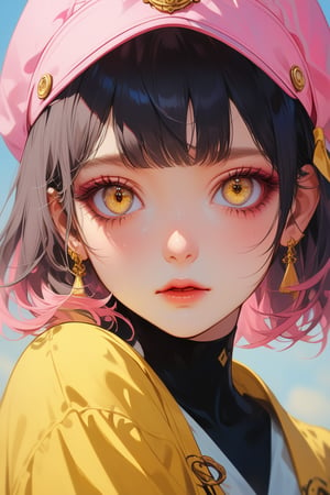 1girl, solo, looking at viewer, yellow eyes, parted lips, blurry, pink headwear, what