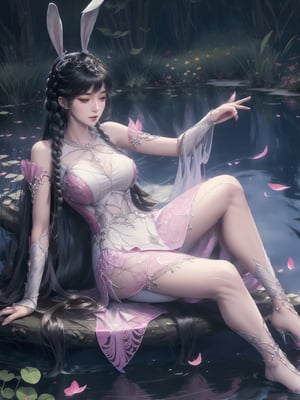 The art depicts a charming woman in a flowing, silky traditional oriental dress in pink, tight translucent trousers, decorated with intricate patterns and bright colors. Her dress drapes elegantly over her curvy figure, accentuating her seductive silhouette. She stood gracefully by the tranquil lake, bathed in the soft glow of the moonlight. The scene exudes an ethereal and dreamy atmosphere, with a touch of mystery and sexiness. The graphic style blends watercolor and digital illustration techniques to evoke a refined beauty and charm. The lights are filled with soft moonlight, casting soft highlights and shadows on her charming features. Bare thighs, wearing tight translucent pants, large breasts, three-dimensional facial features, sitting, upturned legs, side braids,rabbit ears,long dress,long hair, hair