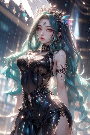 girl,  woman of the Renaissance, very bright light,  pouting, jwy1, ((see-through)),  {beautiful and detailed eyes},  ((hands behind back)), sumptuous jewel,  tiara,  wet,  rainy forest,  18 yo, CHIBI, 1 girl, wonyounglorashy,Perfect World,Soul land ,High detailed 