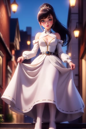 1girl,long hair,dress,hair ornament,looking at viewer,mature female,cityscape,night,thighhighs,clothing cutout,bangs,white skirt,ponytail,long sleeves,belt,blue eyes,makeup,blush,WEDDING PRINCESS DRESS, white petals,