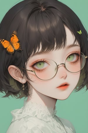 1girl, solo, looking at viewer, short hair, bangs, simple background, brown hair, black hair, green eyes, parted lips, glasses, lips, eyelashes, bug, butterfly, portrait, green background, round eyewear