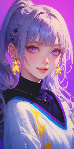 1girl, solo, long hair, looking at viewer, smile, bangs, shirt, hair ornament, long sleeves, twintails, jewelry, purple eyes, upper body, ponytail, purple hair, white hair, earrings, parted lips, star \(symbol\), sweater, gradient, black shirt, gradient background, clothes writing, purple background, star hair ornament, black sweater, star earrings