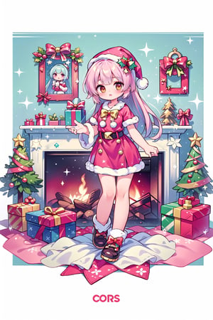 (Best Picture Quality, High Quality, Best Picture Score: 1.3), , Perfect beautiful woman,pink hair,long hair,(Decorate the room with Santa Claus for Christmas.),the whole body Beautiful Girl, Cute, ,Fantastic Landscapes,Christmas tree, a cozy fireplace