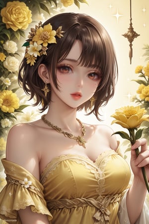 1girl, solo, looking at viewer, short hair, brown hair, hair ornament, dress, holding, bare shoulders, brown eyes, jewelry, upper body, flower, earrings, parted lips, hair flower, necklace, lips, mole under eye, sparkle, watermark, yellow flower, holding flower, yellow dress, yellow theme