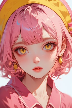 1girl, solo, looking at viewer, yellow eyes, parted lips, blurry, pink headwear, what