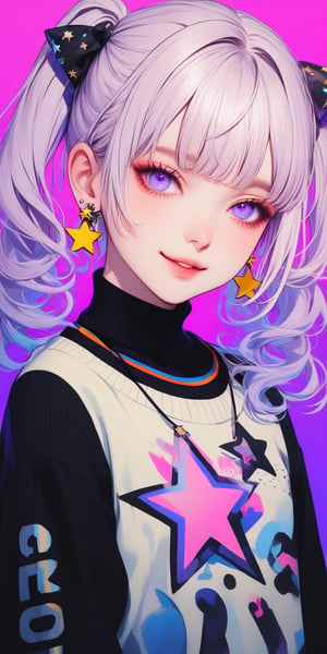 1girl, solo, long hair, looking at viewer, smile, bangs, shirt, hair ornament, long sleeves, twintails, jewelry, purple eyes, upper body, ponytail, purple hair, white hair, earrings, parted lips, star \(symbol\), sweater, gradient, black shirt, gradient background, clothes writing, purple background, star hair ornament, black sweater, star earrings