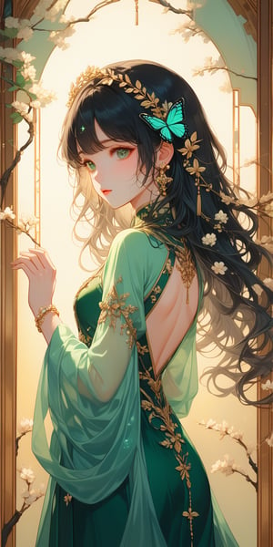 A serene Chinese-inspired scene: a lone girl stands against a soft, luminescent backdrop. Her long, dark locks cascade down her back, adorned with a delicate hair ornament that catches the gentle light. She wears a flowing, emerald-green dress with intricate sleeves and a matching bracelet. Her striking green eyes sparkle as she raises one hand, holding a small, shimmering butterfly. A sprig of fresh flowers crowns her long locks, complemented by dangling earrings that glimmer in harmony. The overall ambiance is ethereal, with the light casting a warm glow on this mystical scene.