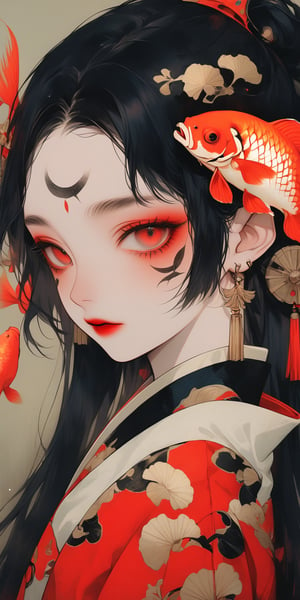 1girl, solo, long hair, looking at viewer, bangs, black hair, hair ornament, red eyes, jewelry, closed mouth, upper body, braid, earrings, from side, makeup, facial mark, portrait, fish, red lips, tassel earrings, goldfish, koi