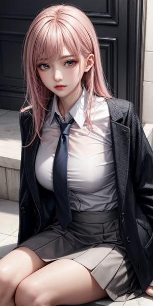 1girl, solo, long hair, looking at viewer, skirt, shirt, sitting, jacket, white shirt, pink hair, necktie, formal, suit, grey jacket