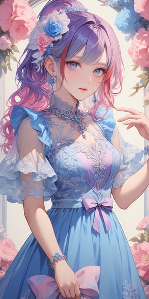 1girl, solo, long hair, looking at viewer, blue eyes, hair ornament, dress, jewelry, blue hair, standing, ponytail, purple hair, flower, multicolored hair, earrings, see-through, blue dress, pink dress, multicolored clothes, see-through sleeves