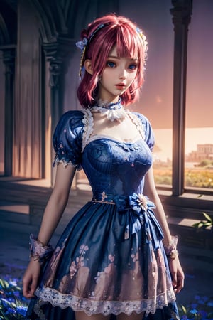 1 girl, good face, ultra long hair, detailed eyes, detailed lips, medium breasts, (indigo coutfit:1.5), (translucent lace:1.5), (ornament:1.5), (floral dress :1.5), bare waist, Take photos by the lake, ultra-realistic realism, color field printing, high details, hyper HD, cinematic lighting, 4k quality,,, pretty much,pink_hair