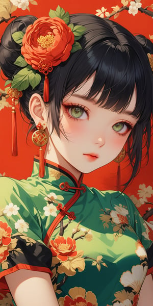 1girl, solo, looking at viewer, blush, bangs, black hair, hair ornament, dress, jewelry, closed mouth, upper body, short sleeves, earrings, hair bun, mole under eye, double bun, chinese clothes, floral print, tassel, china dress, green dress, candle, print dress