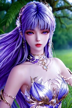 1girl, solo, long hair, looking at viewer, purple hair, dress, purple eyes, jewelry, earrings, outdoors, day, necklace, white dress, bracelet, tree, lips, grass, realistic